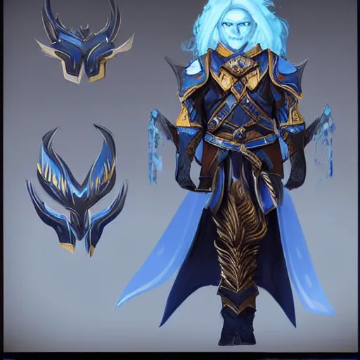 Prompt: Concept art of male high elf with light blue hair, black leather armor, golden eagle skull on chest, by Naranbaatar Ganbold, trending on artstation