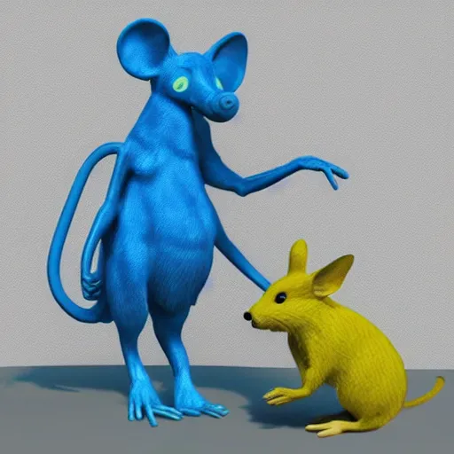 Prompt: a blue and yellow mouse standing on its hind legs, a 3 d render by wendy froud, cg society contest winner, furry art, rendered in maya, rendered in cinema 4 d, vray