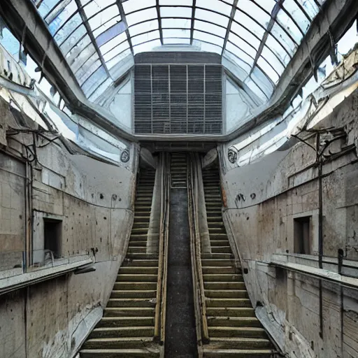 Image similar to i climb up on the endless stairs inside this decayed hitech brutalist building, rays of lights breaking through the holes in the walls, ruined litter, monumental, global illumination, by rhads and ferdinand knab and makoto shinkai and alphonse mucha