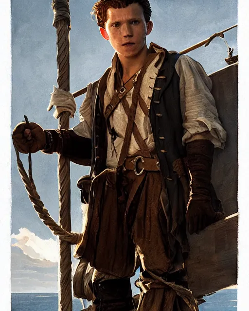 Image similar to tom holland as a pirate, standing on the mast, realistic shaded lighting poster by greg rutkowski, cinematic lighting, sharp focus, highly detailed attributes and atmosphere