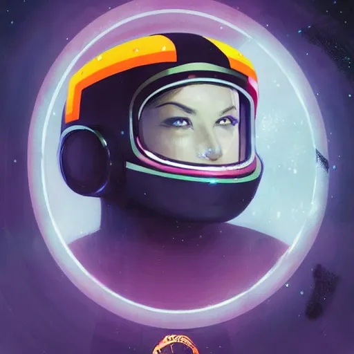 Image similar to an attractive and young and beautiful and female cosmonaut with a shiny black helmet and suit with geometric symbols staring at the camera with a gold layer and neon red trim and white trim and blue trim and purple trim and green trim and orange trim and planet and stars background by Greg Rutkowski and John Collier and Krenz Cushart and Artem Demura and Alphonse Mucha and Albert Aublet, as seen on ArtStation,a very high quality very detailed ink fine line illustration,4k