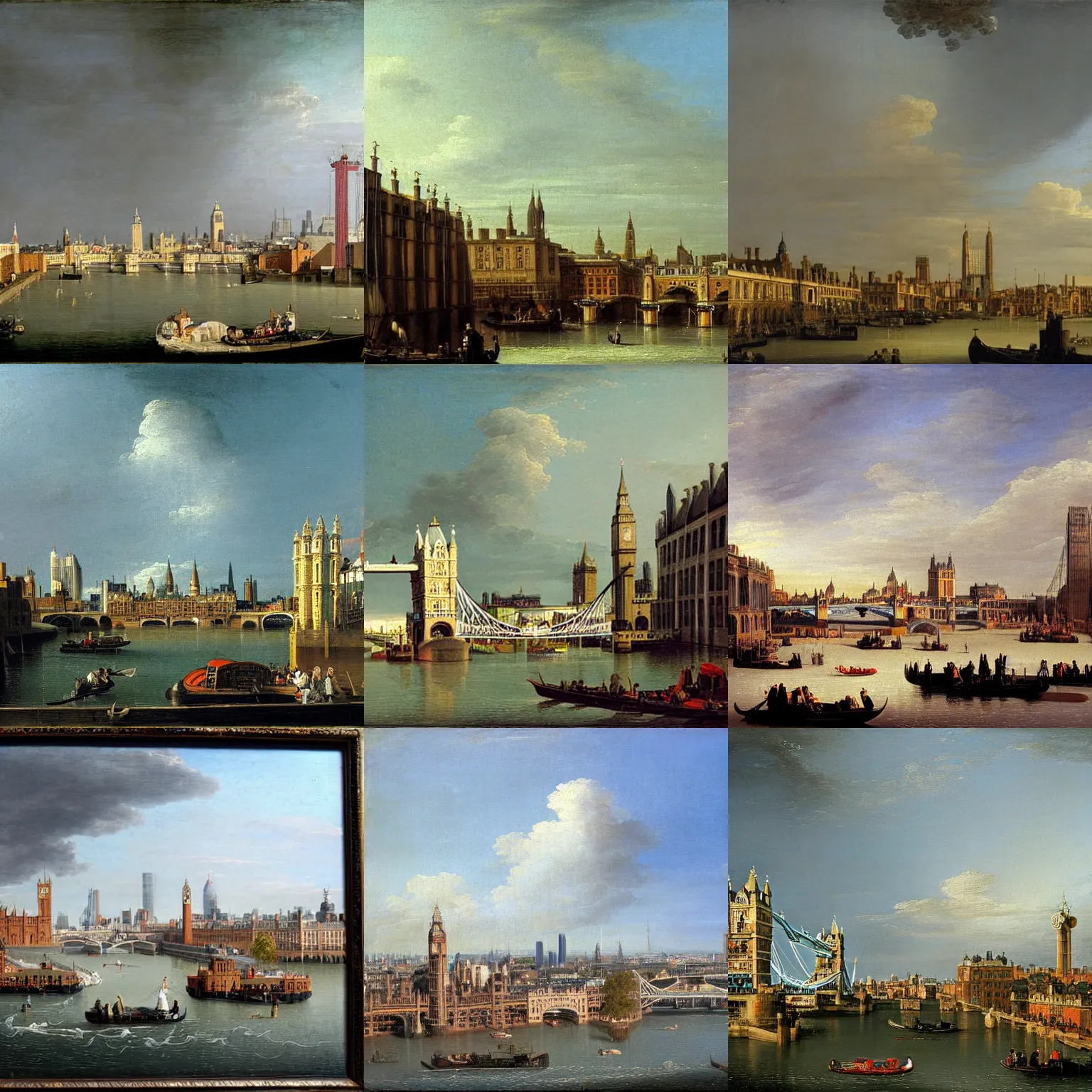 Prompt: London skyline including Tower Bridge, painting by Canaletto