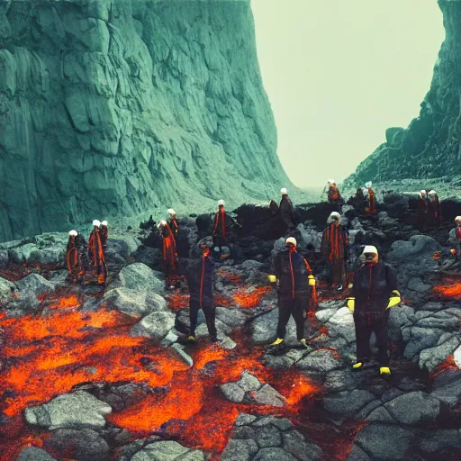 Prompt: wide - shot photo of a group of scientists in hazmat suits, studying a hell open rift portal, by shaun tan, codachrome, hellish, unsettling, otherworldly, smoke, machines, floating rocks, 8 k, hd, highly detailed,