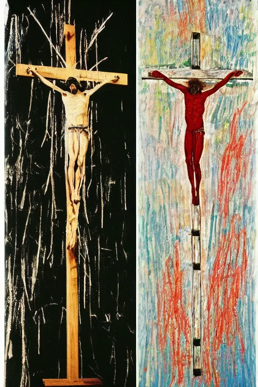 Prompt: light of god illuminating jesus christ crucified painted by cy twombly and andy warhol