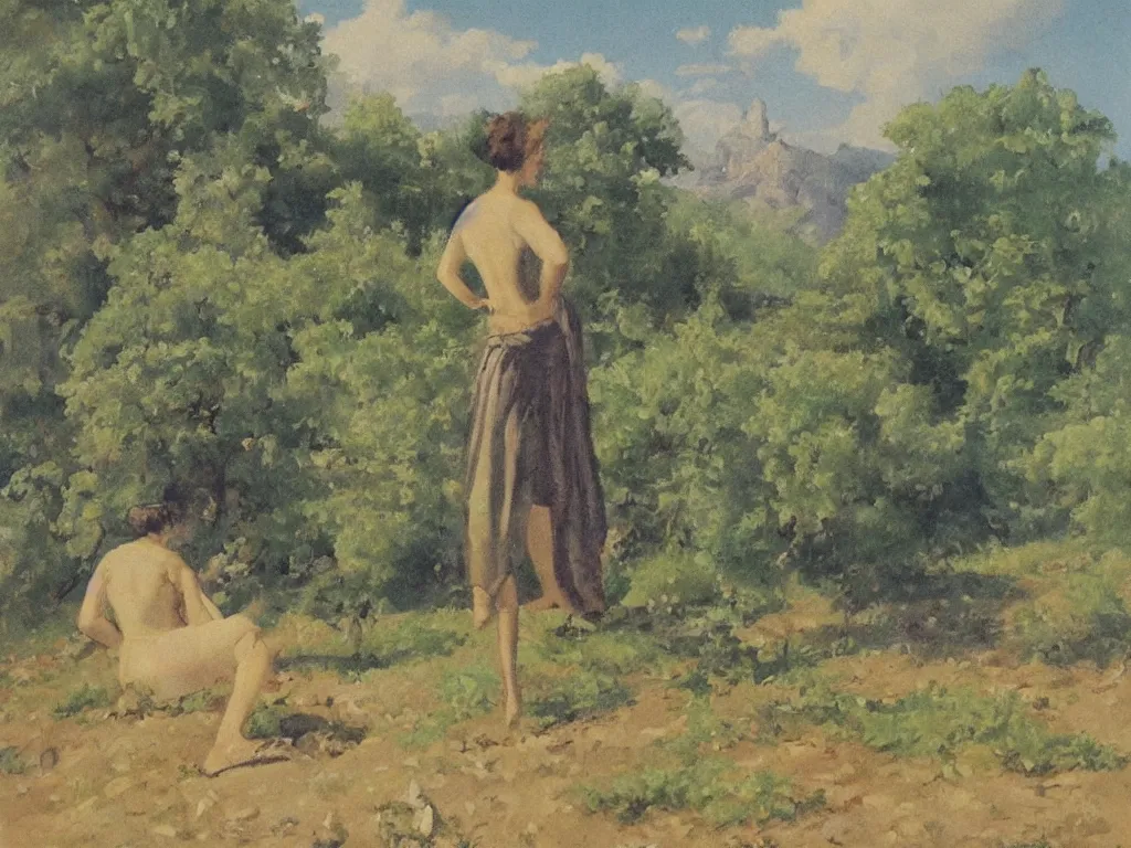 Image similar to figure with scenery. painting by rudolf hausner