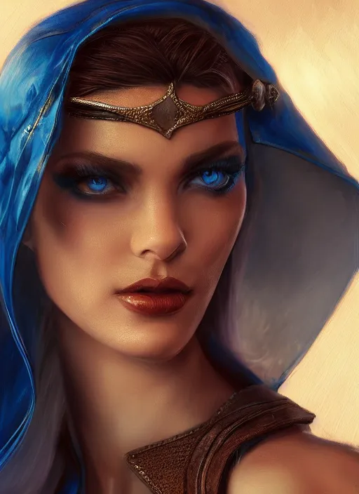 Prompt: Beautiful Arab girl, blue eyes, leather, portrait, fantasy, medieval, oil colors, elegant, concept art, sharp focus, beautiful face, digital art, Hyper-realistic, 4K, Unreal Engine, Highly Detailed, HD, Dramatic Lighting by Brom, trending on Artstation