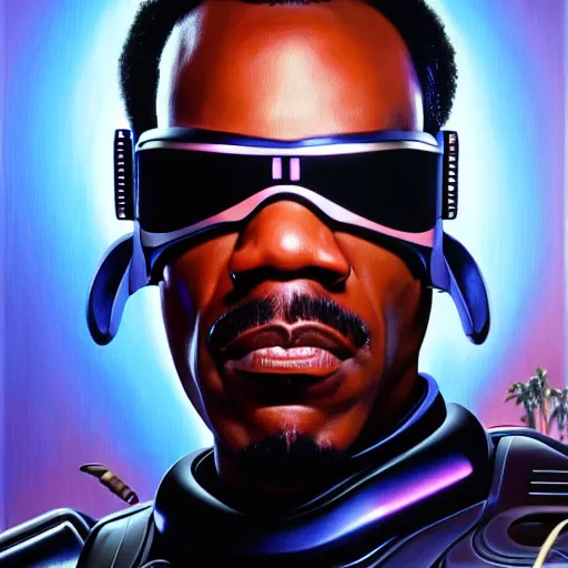 Image similar to epic painting of Cyberpunk Eddie Murphy as Beverly Hills Robocop, soft details, extremely detailed and coherent, matte painting oil on canvas by mark arian by artgerm, 4k, 8k, HD, trending on artstation