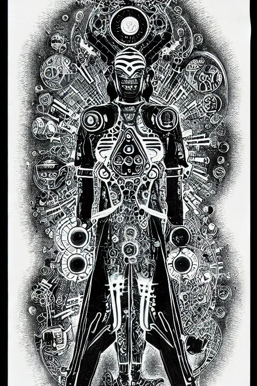 Prompt: a black and white drawing of awakened chakra android cyberpunk being, bioluminescence, a detailed mixed media collage by eduardo paolozzi and ernst haeckel, intricate linework, sketchbook psychedelic doodle comic drawing, geometric, deconstructivism, matte drawing, academic art, constructivism