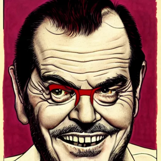 Image similar to a portrait of Jack Nicholson drawn by Robert Crumb