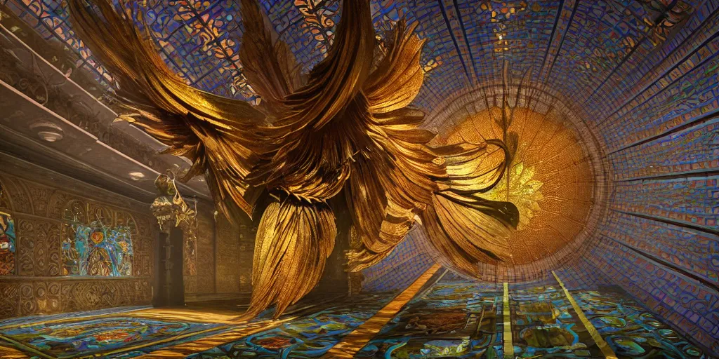 Image similar to beautiful physical hyper detailed render of a huge mega god bell weapon, symmetric, the style of louis comfort tiffany, pascal blanche, zigor samaniego, paul pepera, ellen jewett, weapon design, perfect shadow, mechanics, feather, wing, exquisite, gradient, structure, c 4 d, 3 d render, unreal engines, atmospheric lighting, 4 k hd