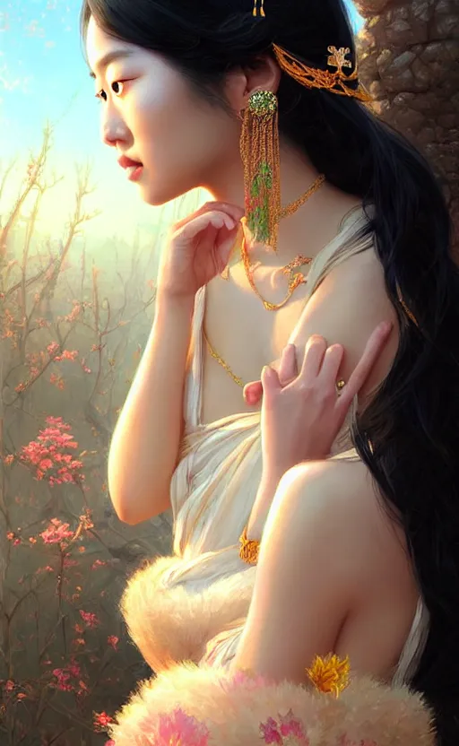 Image similar to a beautiful young charming asian goddess with sundress and jewelry | | winter, realistic shaded, unpleasant face, good looking, fine details, dior, lv, realistic shaded lighting poster by greg rutkowski, macoto takahashi, magali villeneuve, artgerm, jeremy lipkin and michael garmash