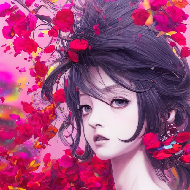 Prompt: studio portrait absurdly beautiful, elegant, graceful, young hypercolorful sensual anime teen rubies red petals gems, ultrafine hyperrealistic detailed face illustration by kim jung gi, irakli nadar, intricate linework, sharp focus, bright colors, matte, octopath traveler, final fantasy, unreal engine highly rendered, global illumination, radiant light, intricate rainbow environment