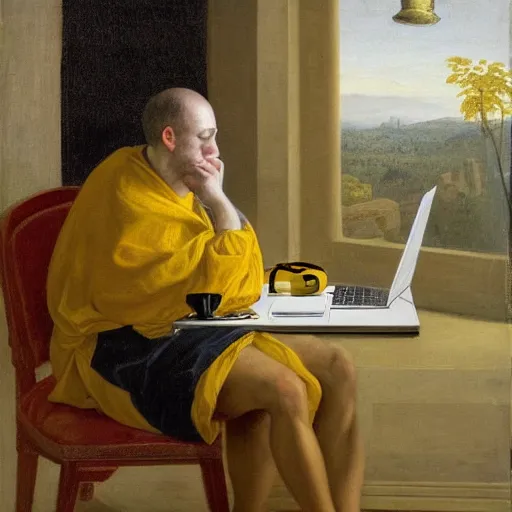 Image similar to tired man in a bumblebee costume drinks coffee in front of a laptop, highly detailed, masterpiece, enlightenment era, oil on canvas