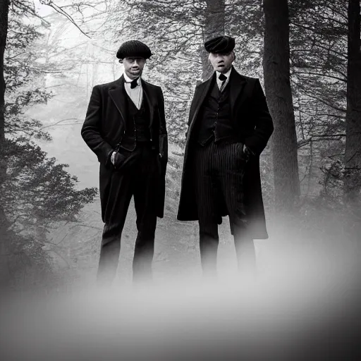 Prompt: medium long shot, 3 / 4 shot, full body picture of cillian murphy and tom hardy posing, sharp eyes, serious expressions, detailed and symmetric faces, in the style of peaky blinders, detailed, black and white, misty woods, epic photo by talented photographer gordon parks