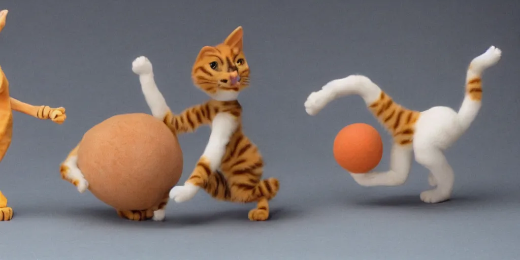 Image similar to a cat dancing on its hind legs, on top of a round ball of Swiss cheese, while playing the fiddle with its paws, in the style of claymation