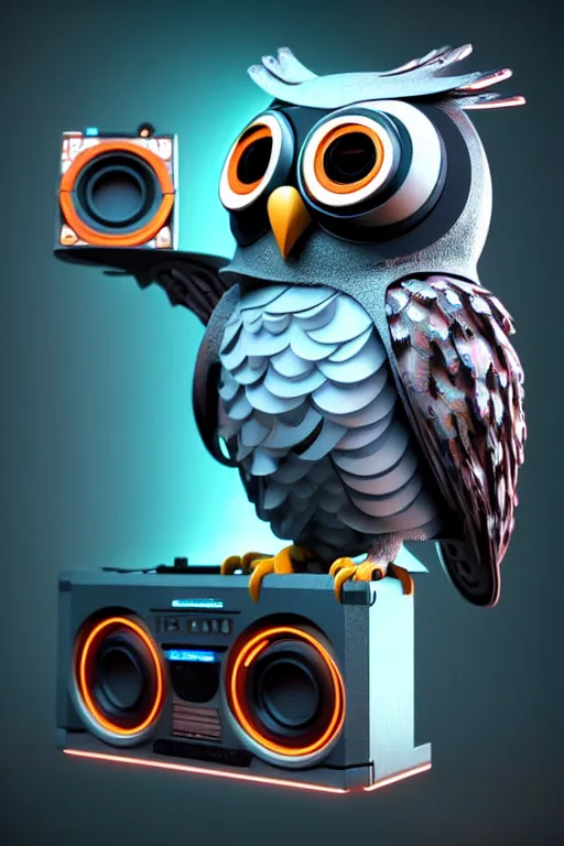 Image similar to high quality 3 d render very cute cyborg owl! with boombox!, cyberpunk highly detailed, unreal engine cinematic smooth, in the style of blade runner & detective pikachu, hannah yata charlie immer, moody light, low angle, uhd 8 k, sharp focus