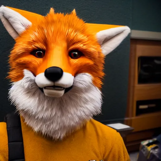 Prompt: portrait of a realistic fox fursuiter at a furry convention, indoors, realisitc photo