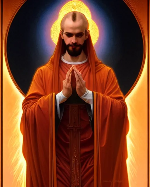 Image similar to symmetry portrait of saint germain and a violet flame, intricate, elegant, highly detailed, digital painting, artstation, concept art, smooth, sharp focus, illustration, art by artgerm and greg rutkowski and fra angelico and alphons mucha