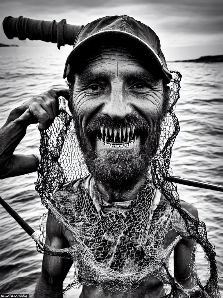 Image similar to an imperfect journalistic portrait of a fisherman, after he has caught a fractal cluster of chimeric biomechanical humans in his net. he grins proudly, baring his gargantuan razor sharp teeth like blades of a professional food processor