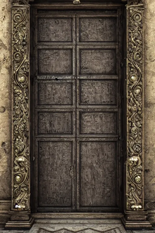 Prompt: a huge old weathered dark wooden door made with bright metallic rush plant ornaments, ornate, fantasy, photorealistic, octane render, volumetric light, high definition, ultra detailed, trandind on artstation, midjourney