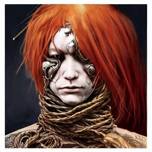 Image similar to portrait of a Shibari rope wrapped face and neck, headshot, insanely nice professional hair style, dramatic hair color, digital painting, of a old 15th century, old cyborg merchant, amber jewels, baroque, ornate clothing, scifi, realistic, hyperdetailed, chiaroscuro, concept art, art by Franz Hals and Jon Foster and Ayami Kojima and Amano and Karol Bak,