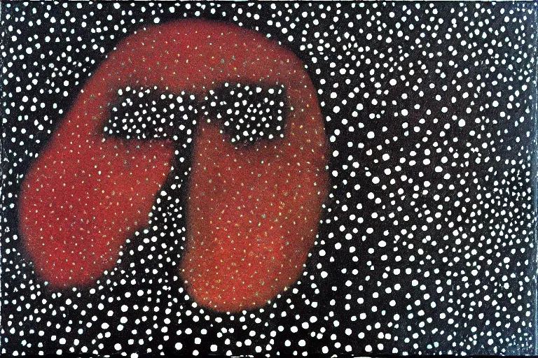 Image similar to face made out of worry, faceless people dark, dots, drip, stipple, pointillism, technical, abstract, minimal, style of francis bacon, asymmetry, pulled apart, cloak, hooded figure, made of dots, abstract, balaclava, colored dots