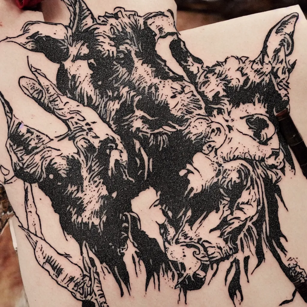 Prompt: A tatoo stencil of a goat biting a cinnamon churro