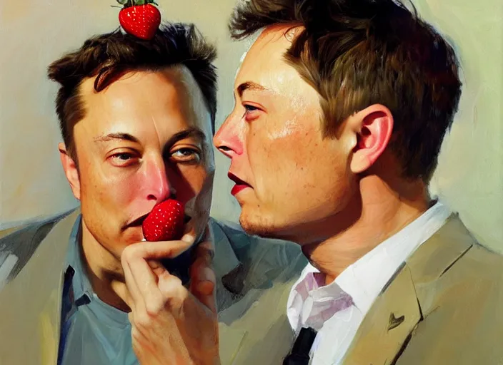 Image similar to a highly detailed beautiful portrait of elon musk with an strawberry, by gregory manchess, james gurney, james jean