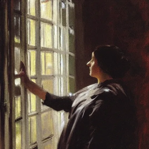 Prompt: a woman standing in front of a window, looking out at the rain, painting by John Singer Sargent