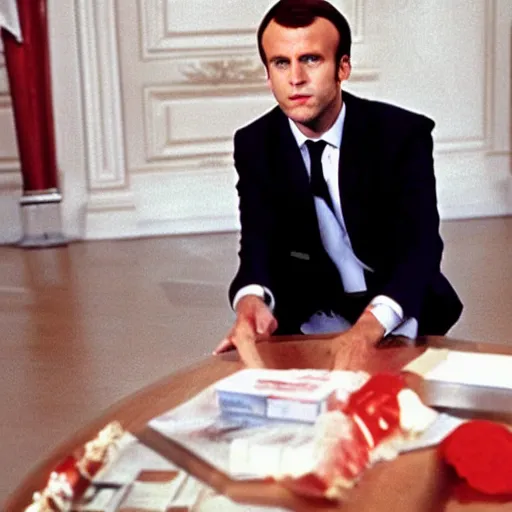 Image similar to Emmanuel Macron wearing snickers in American Psycho (1999)
