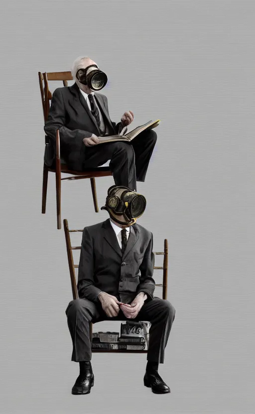 Image similar to old, man, work, vintage suit, sittin, chair, book, gasmask, do, what, we, can, then, leave, it, to, god, non fiction, stability, intricate, elegant, 8 k, uhd, justify content center, artstation, concept art, matte, sharp focus, illustration, consistent, one object content