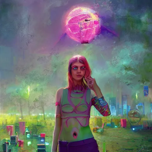 Image similar to a painting of a 1 9 6 0 s cyberpunk futuristic hippie flower power commune with tents and fruit trees and flowers and led screens, a matte painting by magali villenueve and mandy jurgens and charlie bowater, cgsociety, utopia art, sci - fi, bold colors, artstation hq