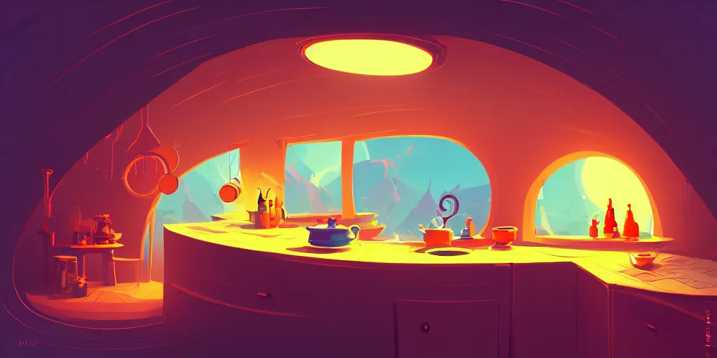 Prompt: naive nerikomi, weird perspective, extra narrow, detailed illustration of a kitchen dim lit by flashlight in a scenic spiral environment by anton fadeev from lorax movie, trending artstation, sticker art