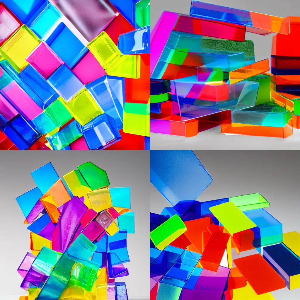 Prompt: a stack of colorful pieces of plexiglass, studio lighting, product photography