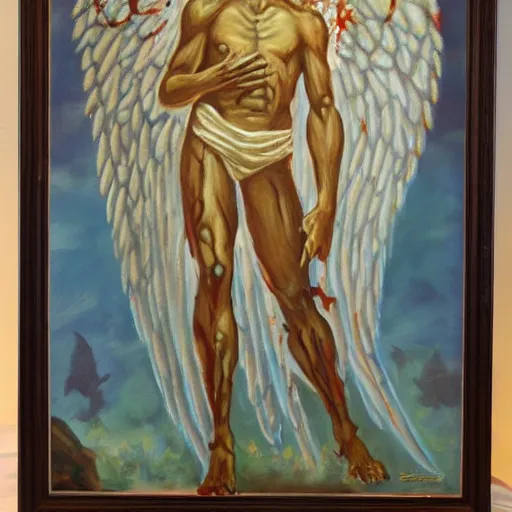 Prompt: J C Leyedecker painting of a zombie angel