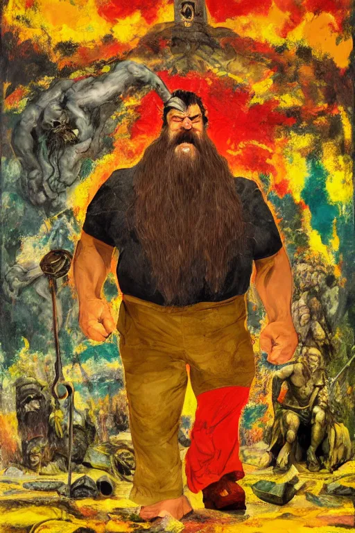 Image similar to surreal a hulking herculean hagrid in a post apocalyptic hellscape, esoteric symbolism, intense emotional power, red yellow black, palette knife oil painting by peter booth and william blake