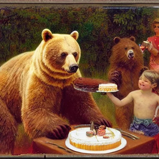 Image similar to polaroid photo of a bear eating cake at his 7 0's birthday at a zoo, highly detailed painting by gaston bussiere, craig mullins, j. c. leyendecker