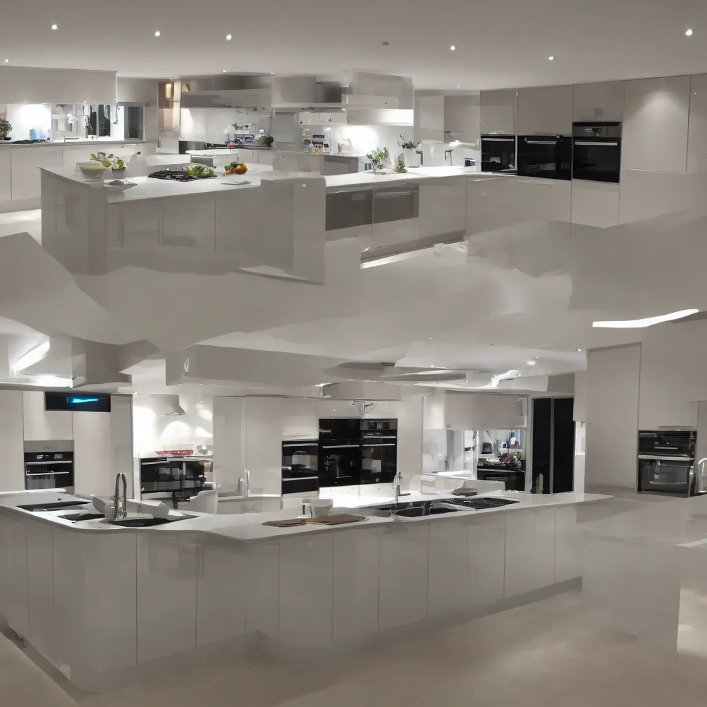 Image similar to modern kitchen with led strip lighting, homes and gardens, super detailed render, award winning,