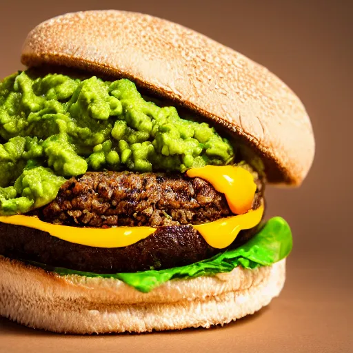 Image similar to juicy vegan hamburger topped with guacamole and fried onion and a vegan fried egg, crispy buns, 8 k resolution, professional food photography, studio lighting, sharp focus, hyper - detailed