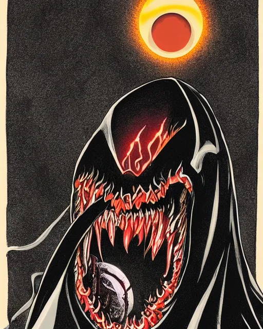 Image similar to the sun with venom's mouth and evil glowing eyes, dressed as the grim reaper, artwork by benjamin reichwald