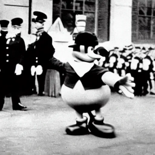 Prompt: historic black and white photograph of adolf hitler and colorful donald duck at a nazi parade in 1 9 3 6