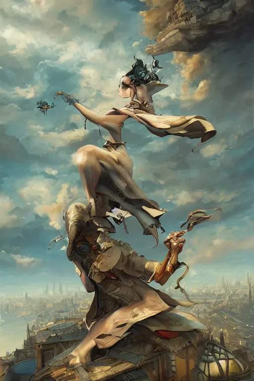 Prompt: detective falling through the sky, city, by peter mohrbacher, artgerm, karol bak, loish, ayami kojima, james stokoe, highly detailed, ultra detailed, ultra realistic, trending on artstation