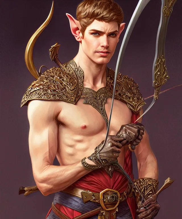 Image similar to a strong powerful fantasy elf man with a bow and arrow, portrait, fantasy, intricate, elegant, highly detailed, digital painting, artstation, concept art, smooth, sharp focus, illustration, art by artgerm and larry elmore and alphonse mucha