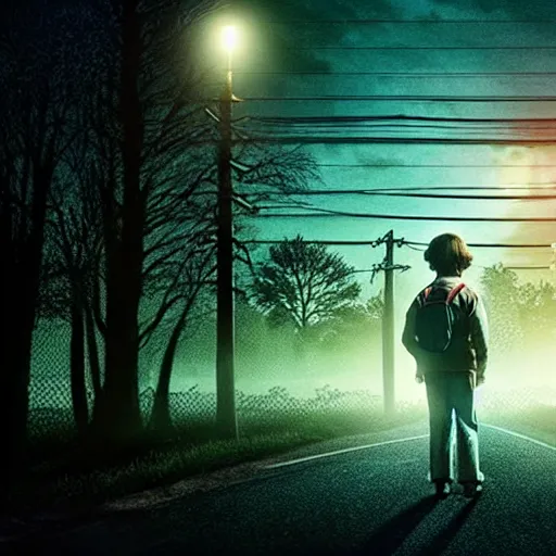 Image similar to a scene from stranger things, portrait, dark, with a surprised man, detailed face, with something scary in the background, like greg rutkowski and victo nagi