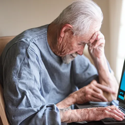 Image similar to elderly man sitting inside a casket browsing internet on laptop from a casket casket