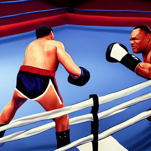 Prompt: a photorealistic image of Mike Tyson squaring off in a boxing ring against Biden, highly detailed, well focused, artstation