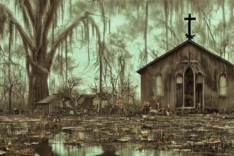 Image similar to scene from louisiana swamps, graveyard, portrait, canibal cult, old protestant church with neon satanic pentagram, junkyard by the road, boy scout troop, voodoo artwork by tim eitel