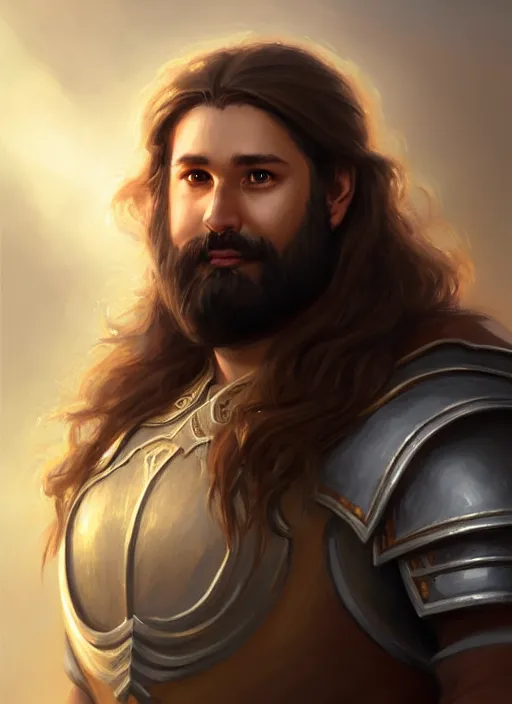 Image similar to a _ fantasy _ style _ portrait _ painting _ of light brown male paladin with long wavy brown hair chubby and beard, rpg dnd oil _ painting _ unreal _ 5 _ daz. _ rpg _ portrait _ extremely _ detailed _ artgerm _ greg _ rutkowski _ greg