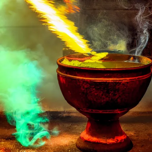 Prompt: smoke and sparks erupting from a magical neon potion brewing in a cauldron.