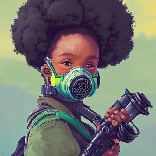 Prompt: a young black girl with afro puffs wearing a gas mask in a field of flowers, Apex Legends character, digital illustration portrait design, by android jones and greg rutkowski, retrowave color scheme, detailed, cinematic lighting, wide angle action dynamic portrait